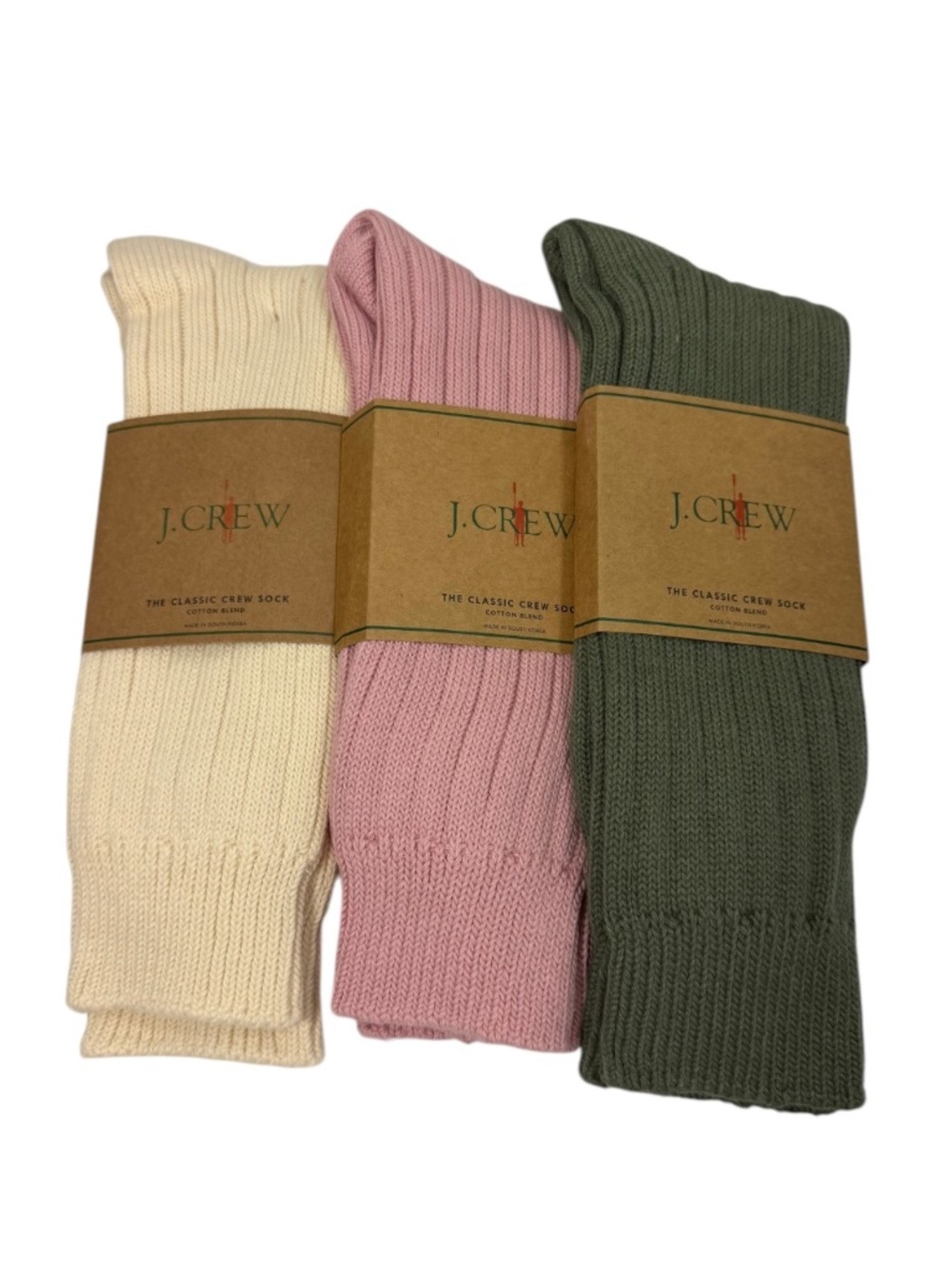 NWT Lot of 3 J.CREW Women's The Classic Crew Sock Cotton Blend Cream Pink Green